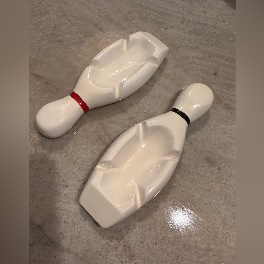 SOLD Set of Vintage 10" Ceramic Bowling Pin Ashtray White with Stripe Hollan